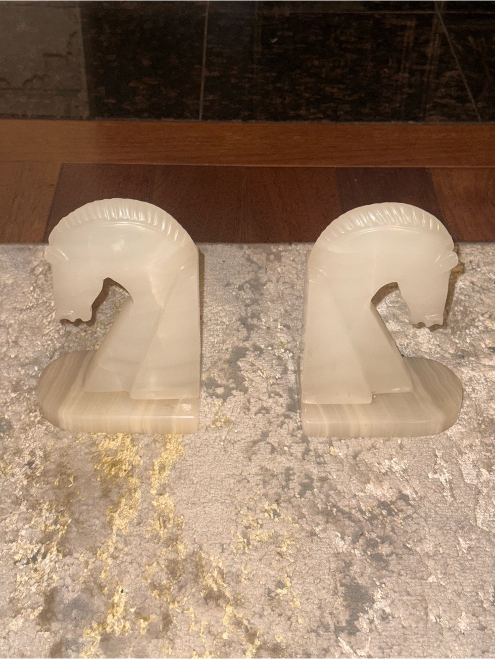 Pair of Carved White Onyx Horse Head Bookends